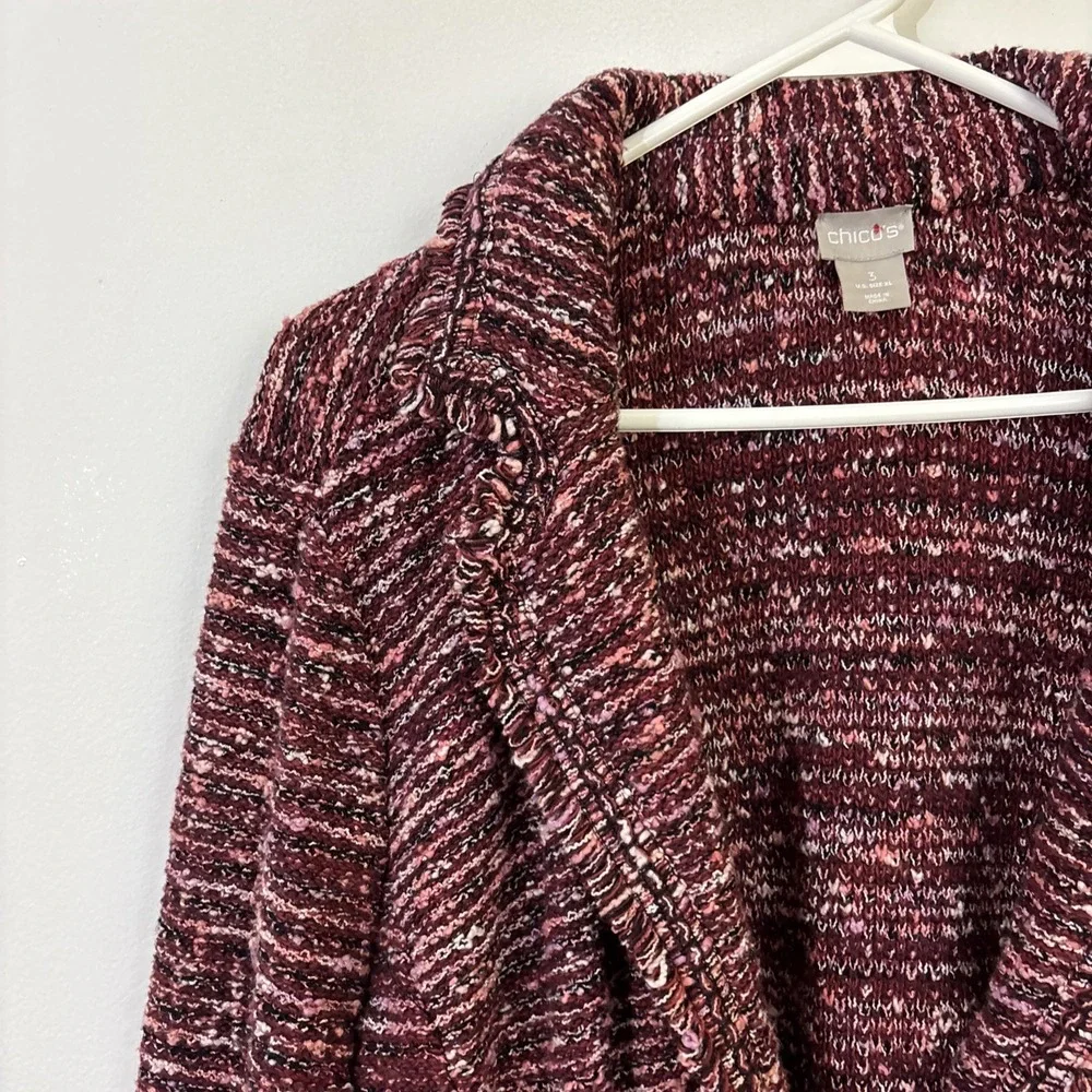 Chicos Size 3 Tweed Blazer Fringe Knit Maroon Winter Career‎ Professional Cotton